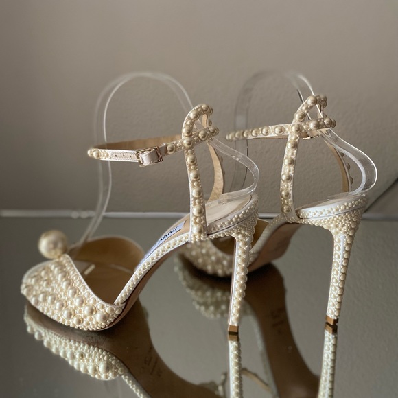 Like new Jimmy Choo Sacora 100 White Satin Sandals with All Over Pearls $1,950 - Picture 11 of 17